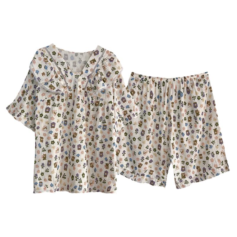 女纯棉纱布碎花V领睡衣家居服