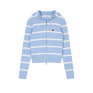 樱桃KIRSH 经典刺绣条纹针织开衫女2026春季双头拉链连帽绞花毛衣