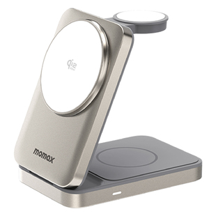 MOMAX摩米士三合一磁吸无线充电器Qi2.2认证适用苹果iPhone17ProMax手机MagSafe快充25W手表耳机金属便携支架