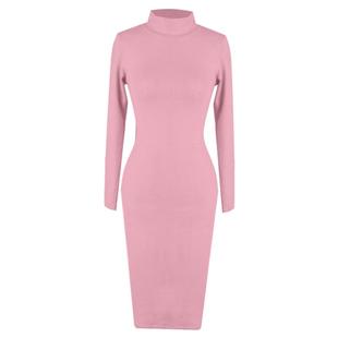 秋冬韩版气质高领长袖连衣裙粉色修身显瘦简约内搭中长款打底裙女