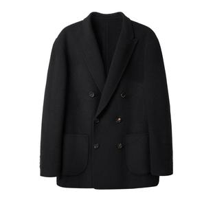 吉约蒙毛呢大衣男短款双排扣黑色冬季保暖加厚双面呢子羊毛外套