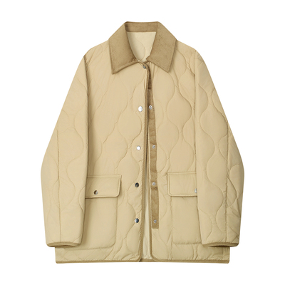 轻薄棉服外套女士秋冬时尚撞色灯芯绒翻领夹棉保暖宽松中长款棉衣