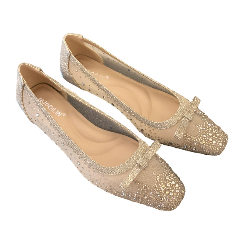 ochenwan法式蝴蝶结水钻高级感粗跟单鞋春秋香槟亮片浅口鞋