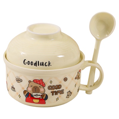 2026新款卡皮巴拉陶瓷泡面碗手柄可爱带盖微波炉打饭汤碗碗筷套装