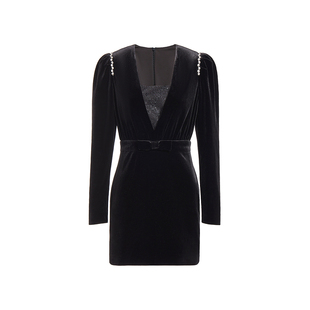 ochirly欧时力V领连衣裙显瘦短款收腰小个子丝绒小黑裙