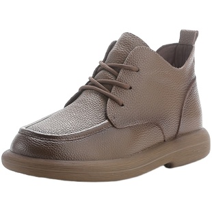 真牛皮冬季新款松糕厚底短靴加绒百搭复古靴子女软底宽脚妈妈鞋