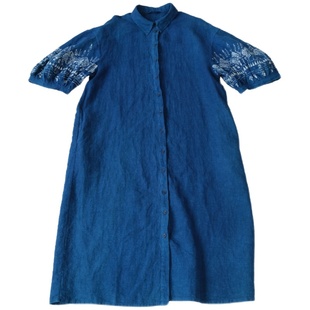 远家草木染蓝染蜡画纯亚麻廓形灯笼袖衬衫式连衣裙袍子HL2639限量