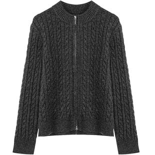 LAGOGO灰调老钱风双开拉链针织衫女拉谷谷2025冬新款立领绞花毛衫