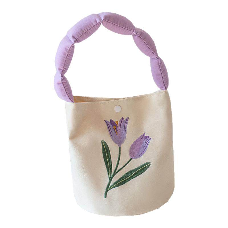 新款原创刺绣手提帆布包女腋下包学生水桶包绣花百搭手拎袋小布包