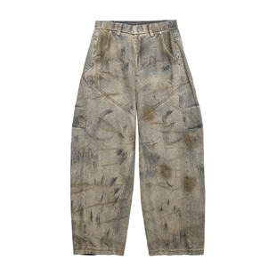 原创潮牌秋冬美式复古废土做旧泥染小众设计感休闲宽松牛仔裤子男