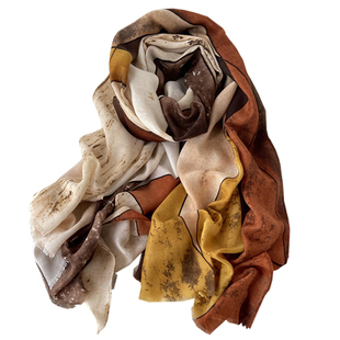 棉麻围巾女防晒百搭文艺撞色油画风印花流苏纱巾长披肩薄丝巾四季