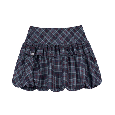 SagiDolls少女斗志不显屁股大!百搭深蓝格花苞裙蓬蓬裙甜酷半身裙