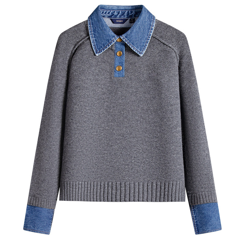 [何泓姗同款]Navigare小帆船假两件羊毛针织衫女秋季新款宽松毛衣