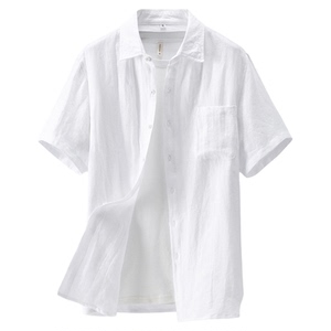 恒源祥纯亚麻男士短袖衬衫夏季薄款休闲翻领衬衣大码宽松麻料上衣