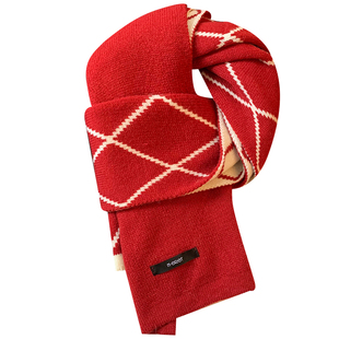 新年红白菱格双面毛线针织围巾女冬季氛围感加厚防寒保暖围脖护颈