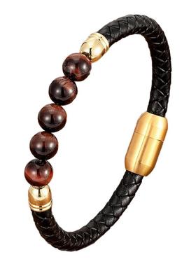 男士高级感天然多宝红黄蓝虎眼石手串男款个性拼接真皮手链转运珠