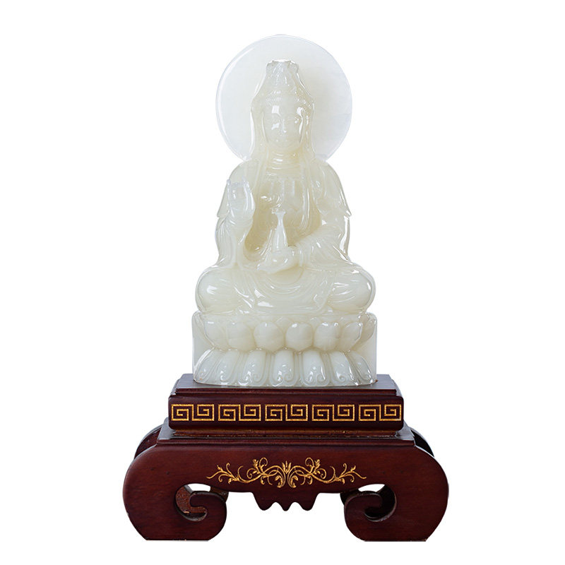 藏钰福天然玉石摆件坐莲观音菩萨佛像玉雕公司客厅禅意观世音摆设
