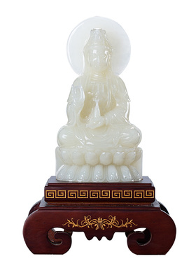 藏钰福天然玉石摆件坐莲观音