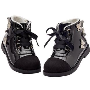 戴维贝拉儿童靴子女童皮鞋新款冬季鞋子加绒棉靴大童皮靴蝴蝶