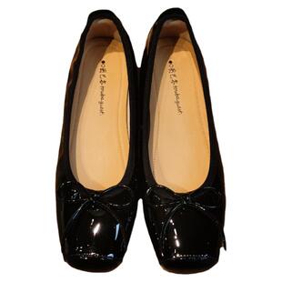 黑色漆面牛皮浅口软底休闲单鞋方头平底四季套脚蝴蝶结芭蕾鞋女