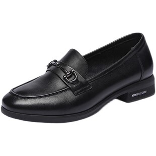 红蜻蜓女鞋春季真皮英伦风小皮鞋厚底百搭一脚蹬舒适休闲乐福鞋女