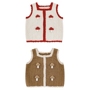 幼悠女童羊毛混纺森系提花针织无袖马甲春秋童趣可爱蘑菇玩偶背心