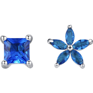MODIAN摩典S925纯银高级感蓝色锆石花朵耳钉女不对称方块几何耳饰
