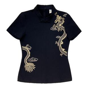 浒城古娘新款精致刺绣百搭立领呈龙短袖新中式国风T恤上衣女夏季
