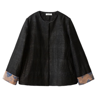 高定 填充100%桑蚕丝龟纹香云纱新中式棉服女国风暗扣挽袖外套冬