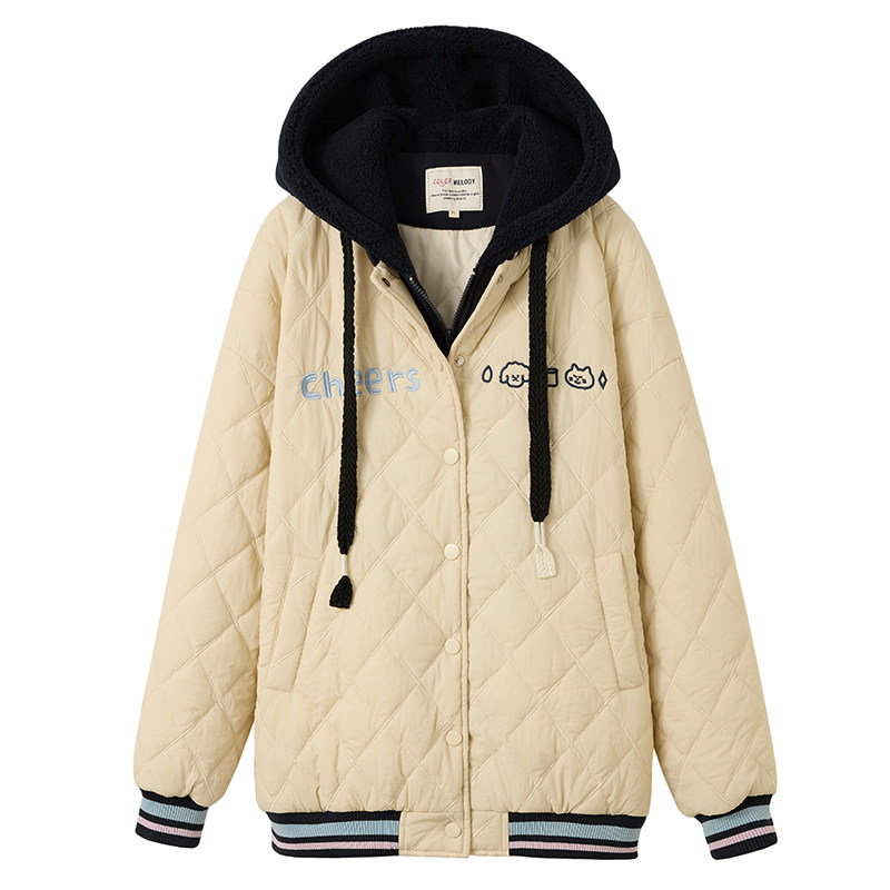 宽松休闲假两件拼接绣花棉服