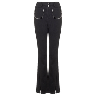 【奥莱】MAXRIENY复古风水钻设计牛仔裤开叉微喇裤子女