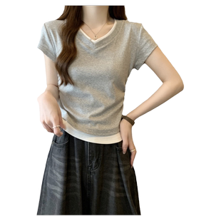 假两件拼接设计感小众短袖T恤女夏装修身韩版短款小个子半袖上衣