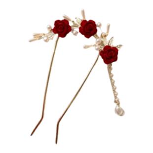 新中式红色u型发簪新娘敬酒服旗袍绒花发钗订婚结婚发饰簪子头饰