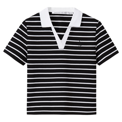 水云间黑白条纹翻领短袖T恤女毛针织衫正肩上衣宽松2025夏季新款