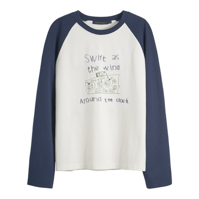 BBFER本依凡春款宽松插肩袖圆领T恤长袖异色拼接女0510