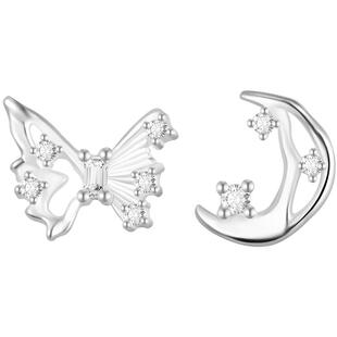 999纯银不对称蝴蝶月亮耳钉女气质小众设计养耳洞耳环独特耳饰品