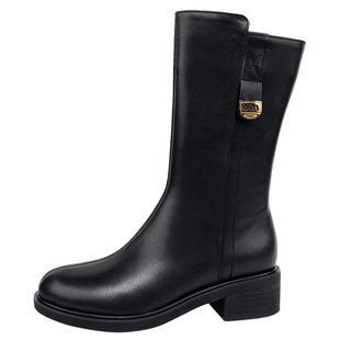 新款真皮不过膝中筒靴显瘦舒适百搭洋气平跟显气质中筒骑士靴