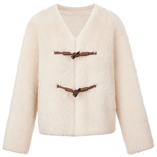 莱茵福莱尔纯绵羊毛秋冬颗粒羊毛大衣牛角扣仿皮草毛茸茸短款外套