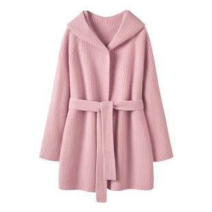 优雅气质 超厚重磅！100%山羊绒重磅简约风格系带中长款连帽外套