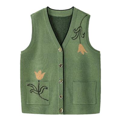 汐单绣花针织大码宽松开衫马甲