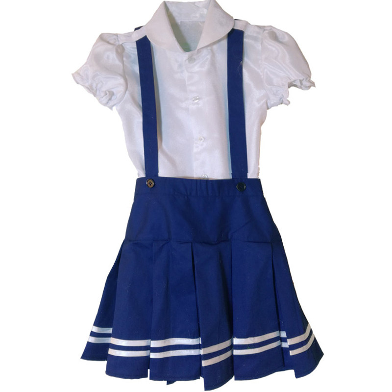 新款白衬衫蓝色背带裙小学生童装夏季短袖学院风女童校服帅气上衣