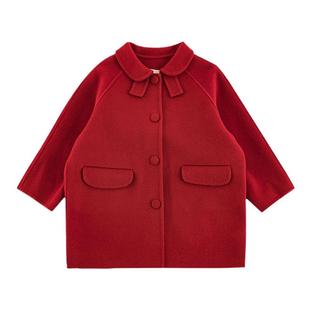 幼悠女童娃娃翻领名媛风大衣中长款冬季俏皮可爱大蝴蝶结保暖外套