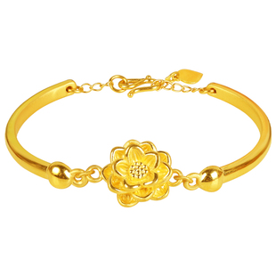 黄金24K时尚大气莲花手镯3D硬金足金999活口延长手链简约礼物女款