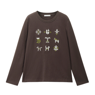 设计师款佐丹奴2026年春新款图案刺绣宽松圆领长袖T恤女18325621