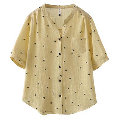 大码中袖棉麻衬衫女2025夏季新款