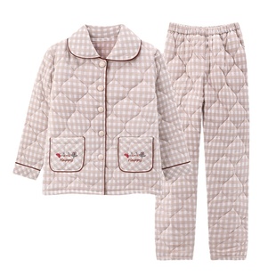 浪莎睡衣女款冬季加厚加棉纯棉三层夹棉袄保暖大码休闲家居服套装