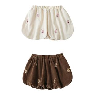 幼悠女童细密绒条花苞短裤儿童俏皮可爱精致实线仿手工绣舒适裤子