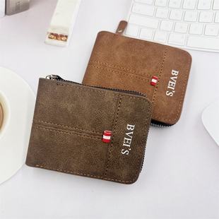 横款 新品 钱包短款 PU男士 拉链二折零钱包复古休闲四方包 2024新款