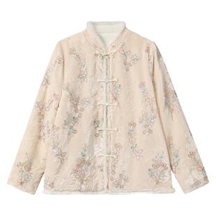 新中式秋冬亮片刺绣棉服上衣女丝绒水貂毛拼接立领盘扣外套 NX058