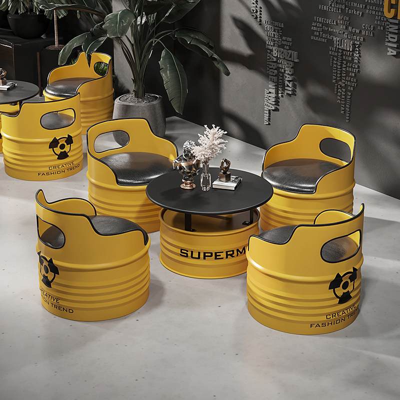 网红卡座沙发奶茶店桌椅铁艺咖啡厅接待区洽谈油桶工业风桌椅组合